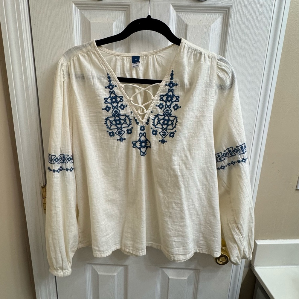 Old Navy Cream and Blue Embellished Blouse